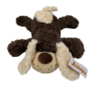 Liegendes Hund Plüschtier in braun/weiß mit Schlappohren und freundlichem Gesicht, ca. 42 cm lang.